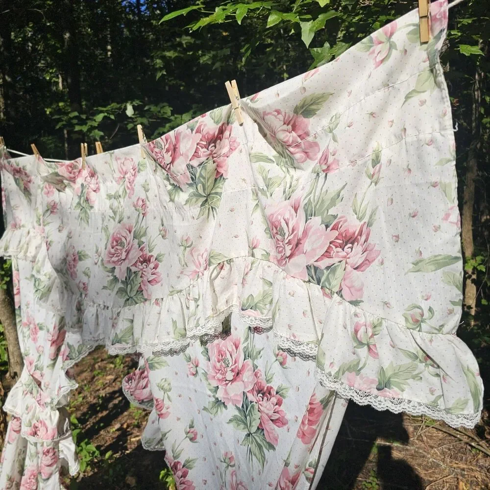 Vintage 1980s Pink Floral Cottagecore Ruffled Curtains Set With Lace Trim